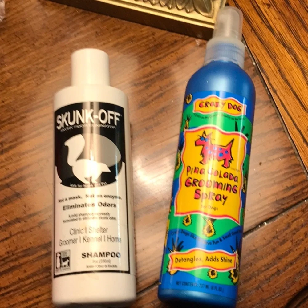 Skunk off for your unlucky dog, and some pina colada grooming spray to help!😟
